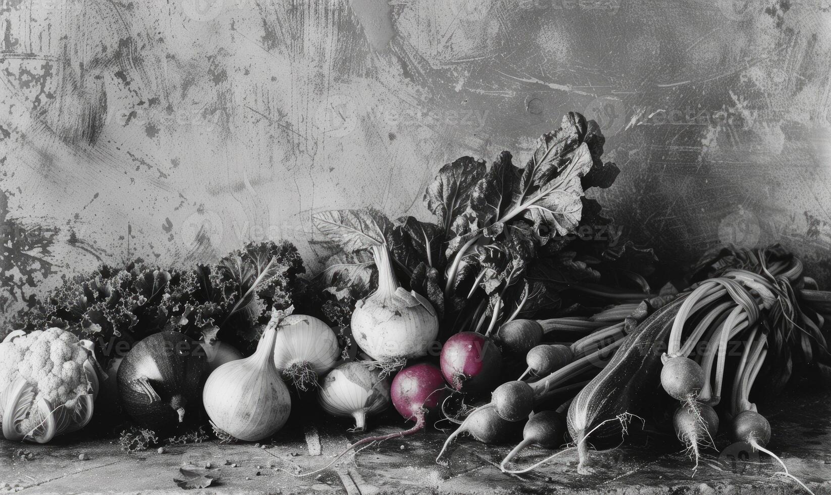 AI generated Still life with vegetables on a black background. Black and white photo. photo