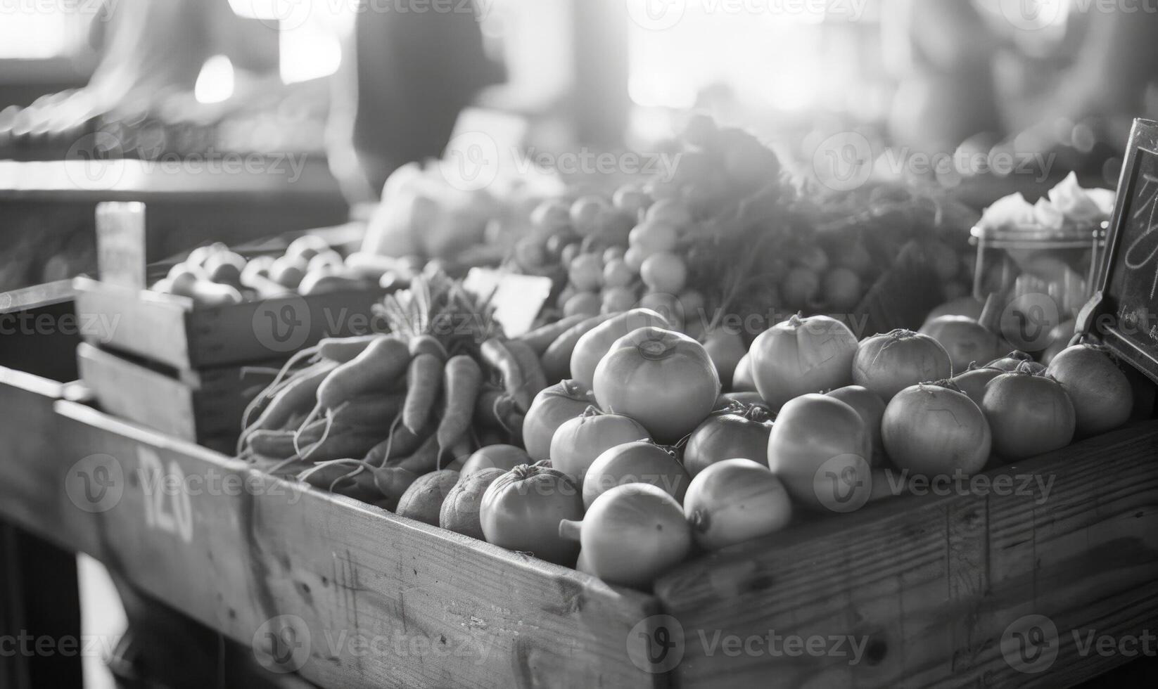 AI generated Fresh vegetables and fruits at the farmers market. Black and white photo. photo