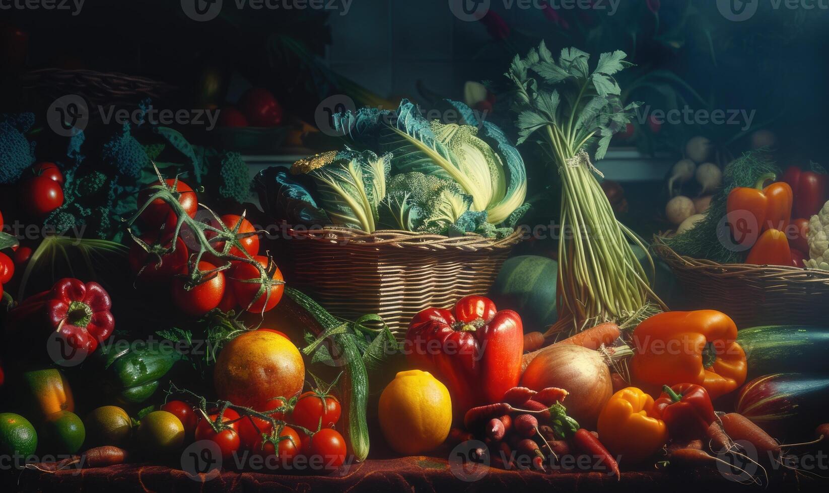 AI generated still life Vegetables, Herbs and Fruit as ingredients in cooking. photo