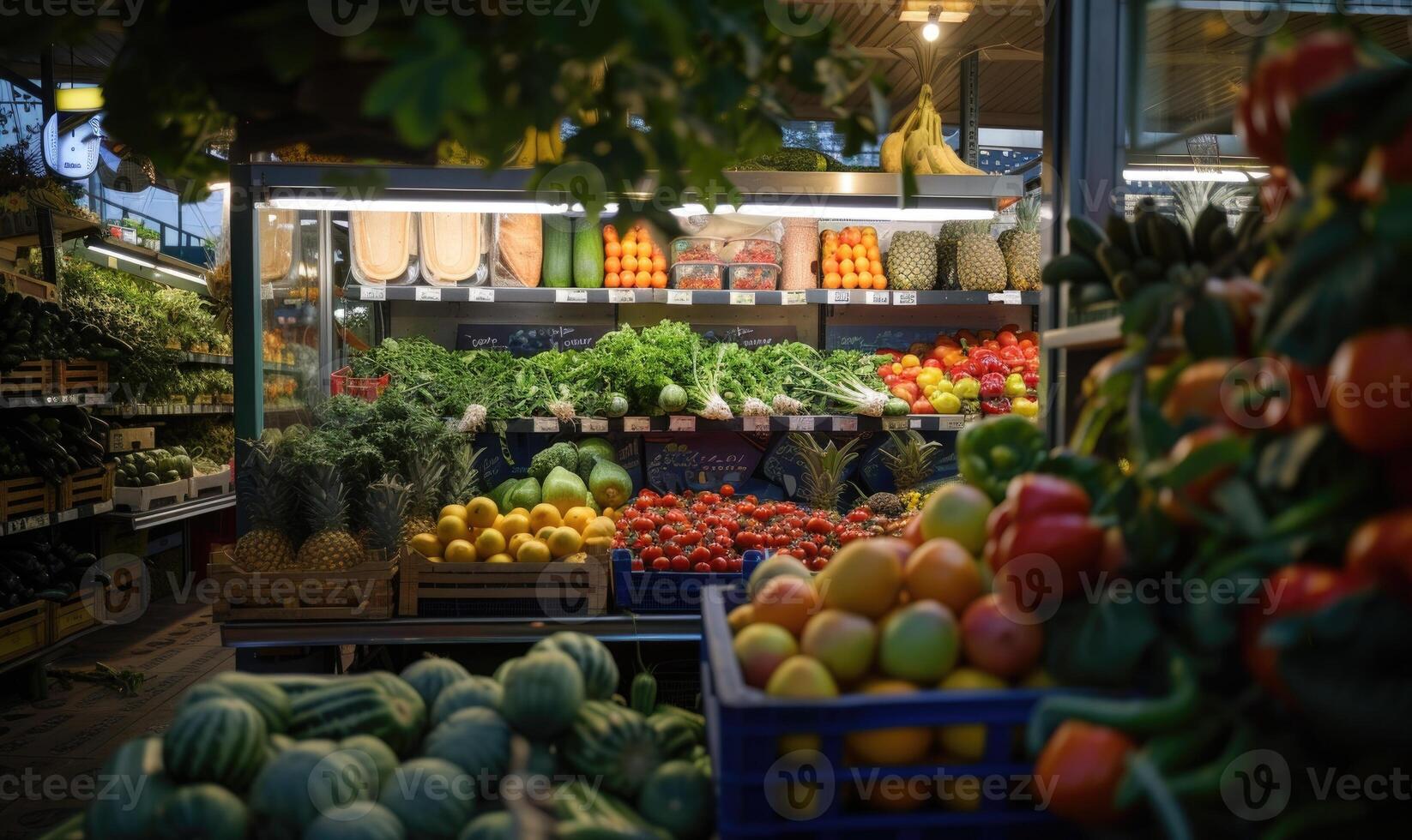 AI generated Fruits and vegetables on the counter of a market photo