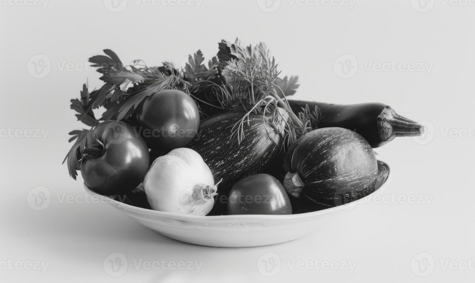 AI generated Still life with vegetables on a black background. Black and white photo. photo