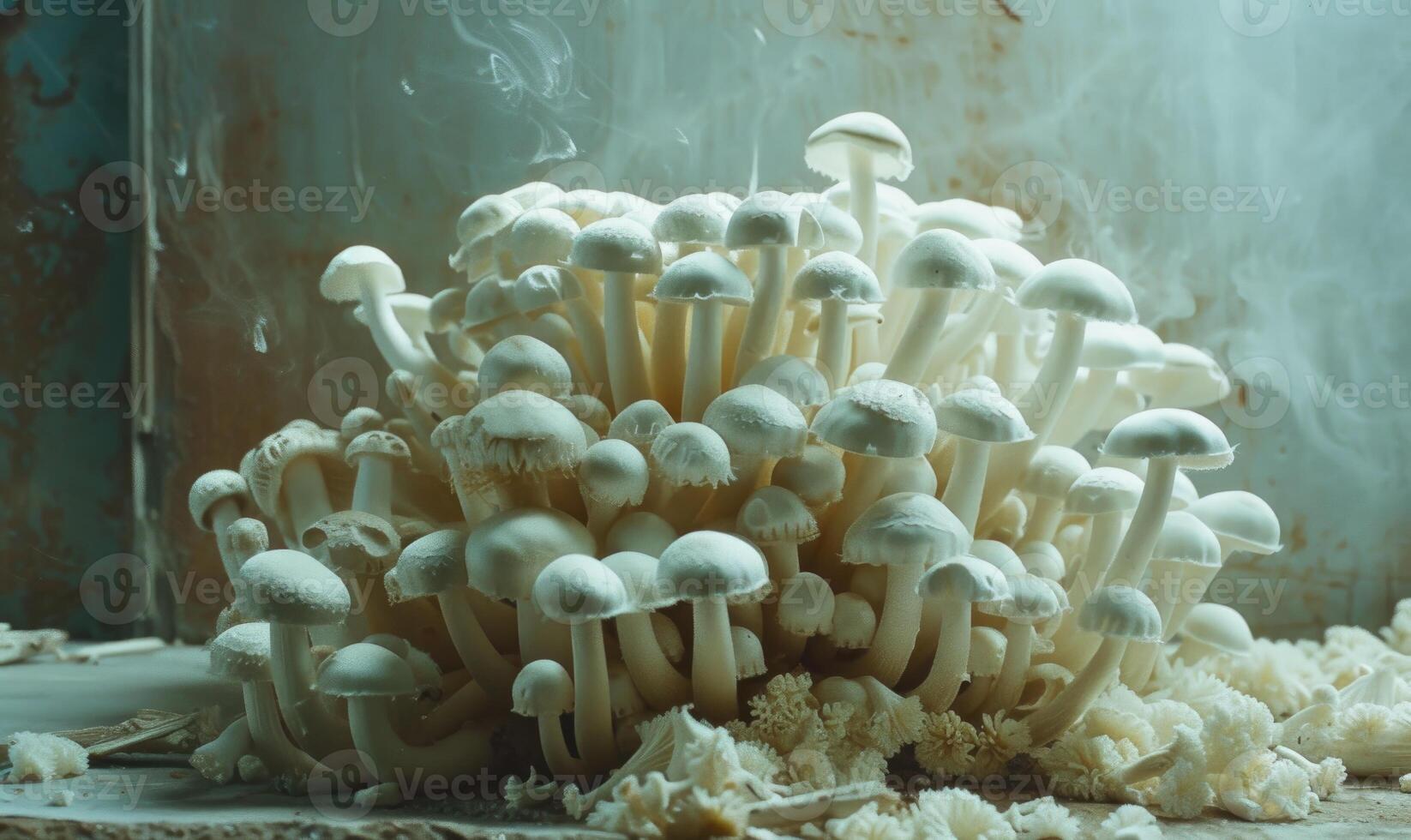 AI generated White shimeji mushrooms in a vase on a blue background photo