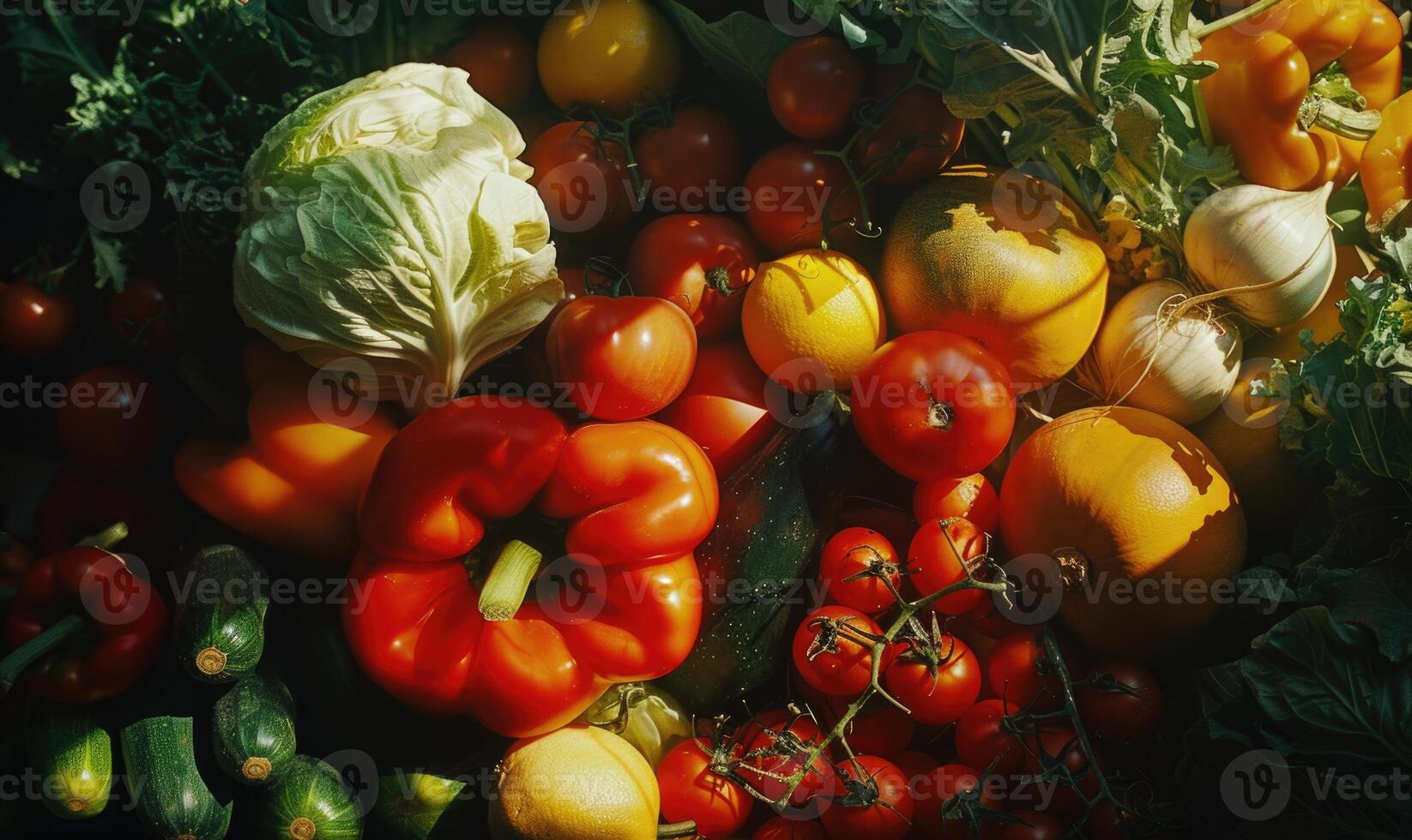 ai generado cosecha de Fresco orgánico vegetales en el mesa. selectivo enfocar. naturaleza. parte superior vista. foto