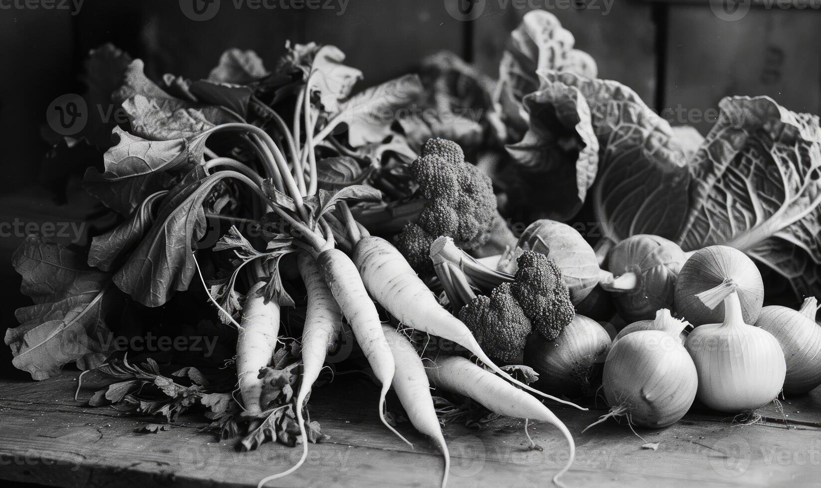 AI generated Harvesting vegetables. Black and white photo. Top view. photo