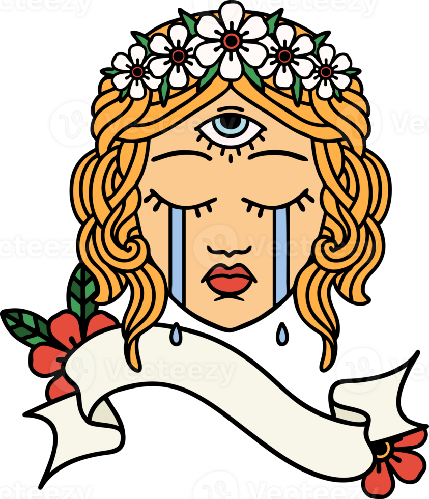 traditional tattoo with banner of female face with mystic third eye crying png