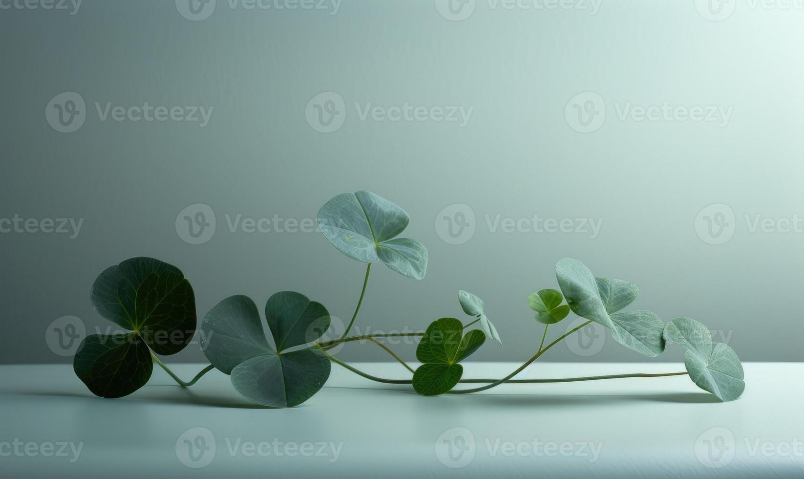 AI generated Green clover plant leaves on white table with copy space. photo