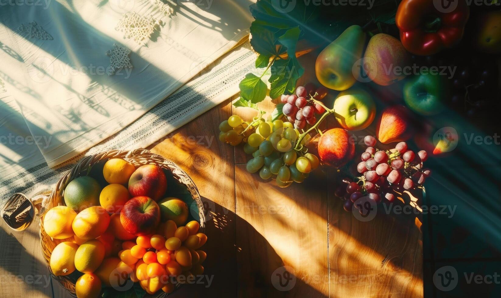 ai generado frutas y vegetales en un cesta en un de madera mesa en luz de sol foto