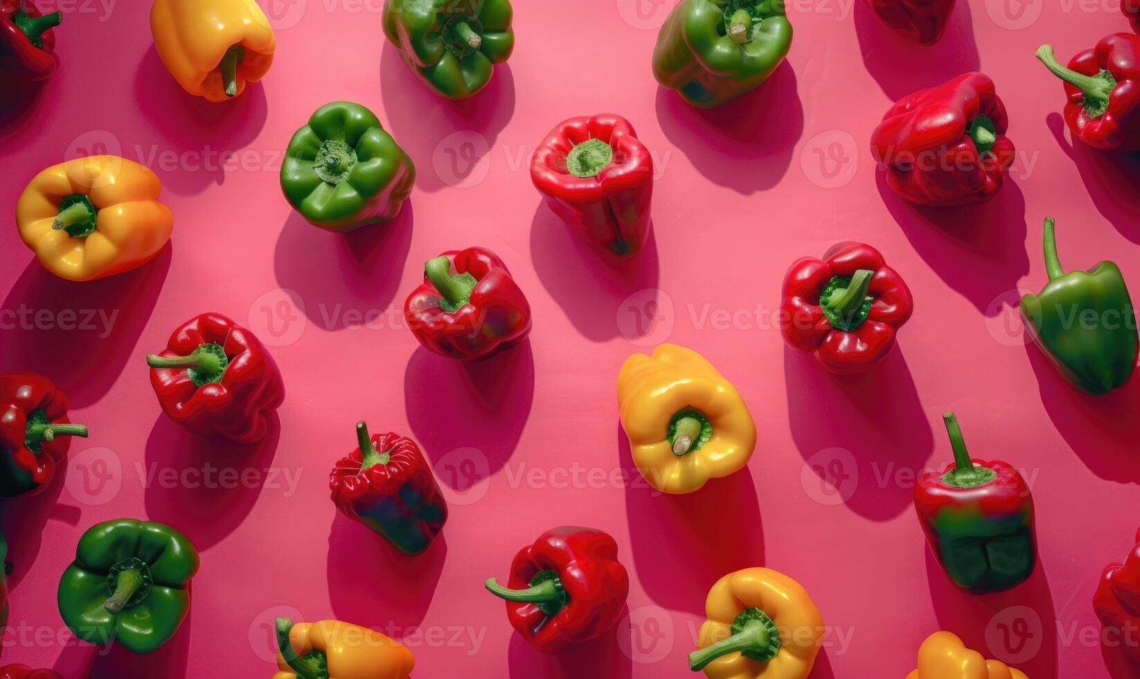 AI generated Red, yellow and green bell peppers pattern on pink background. Top view photo