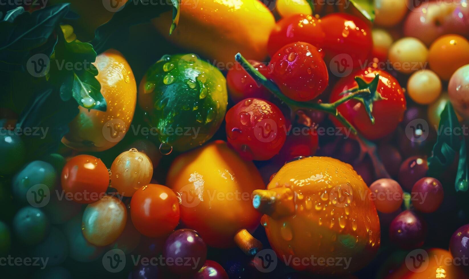 AI generated Tomatoes background. Top view of different varieties of tomatoes. Vegetables background. photo
