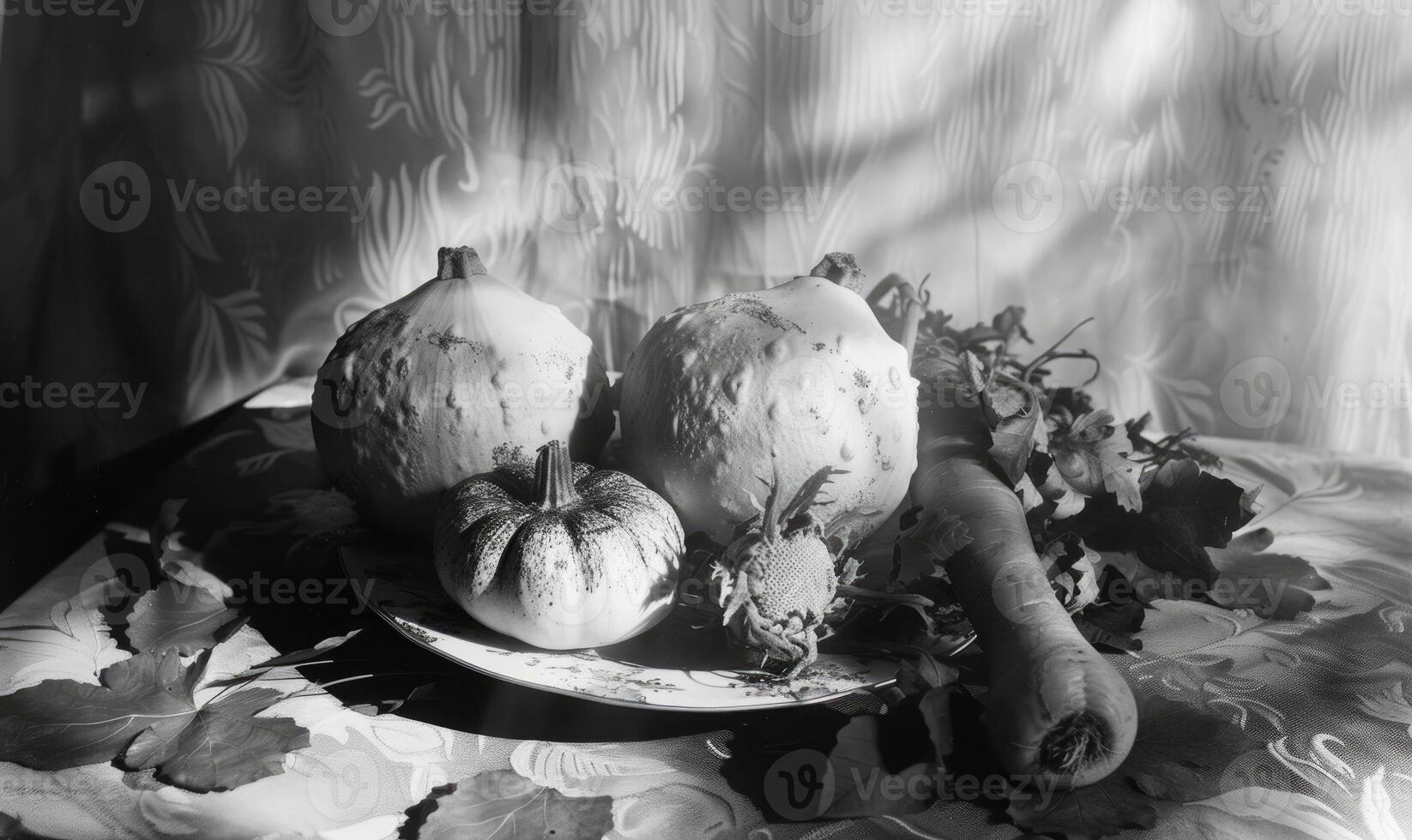 AI generated Autumn still life with pumpkins. Black and white photo. photo