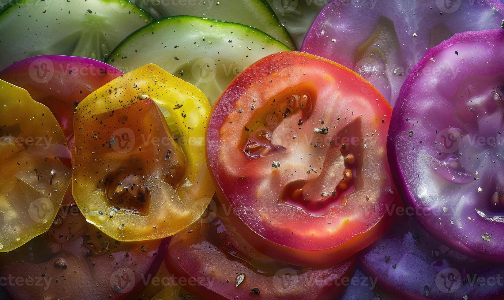 AI generated Colorful sliced tomatoes and cucumbers close-up as background. photo