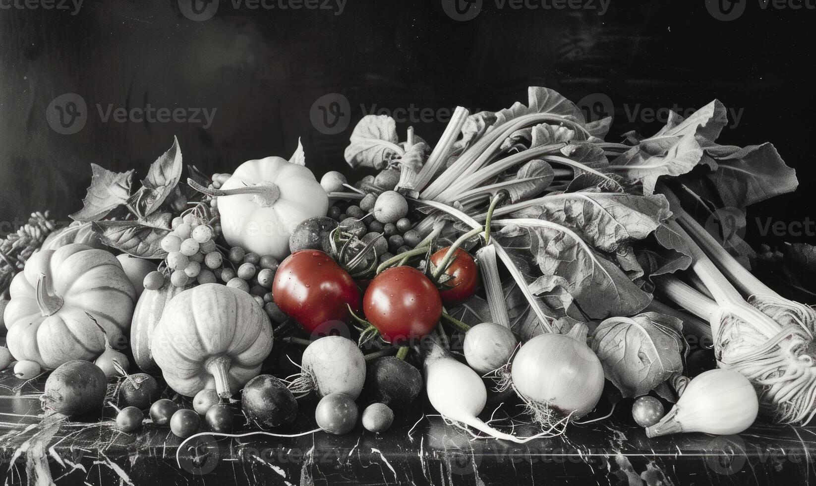 AI generated Composition with variety of raw vegetables. Black and white image. photo