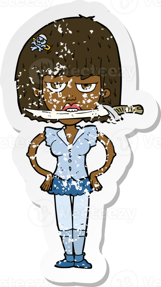 retro distressed sticker of a cartoon woman with knife between teeth png