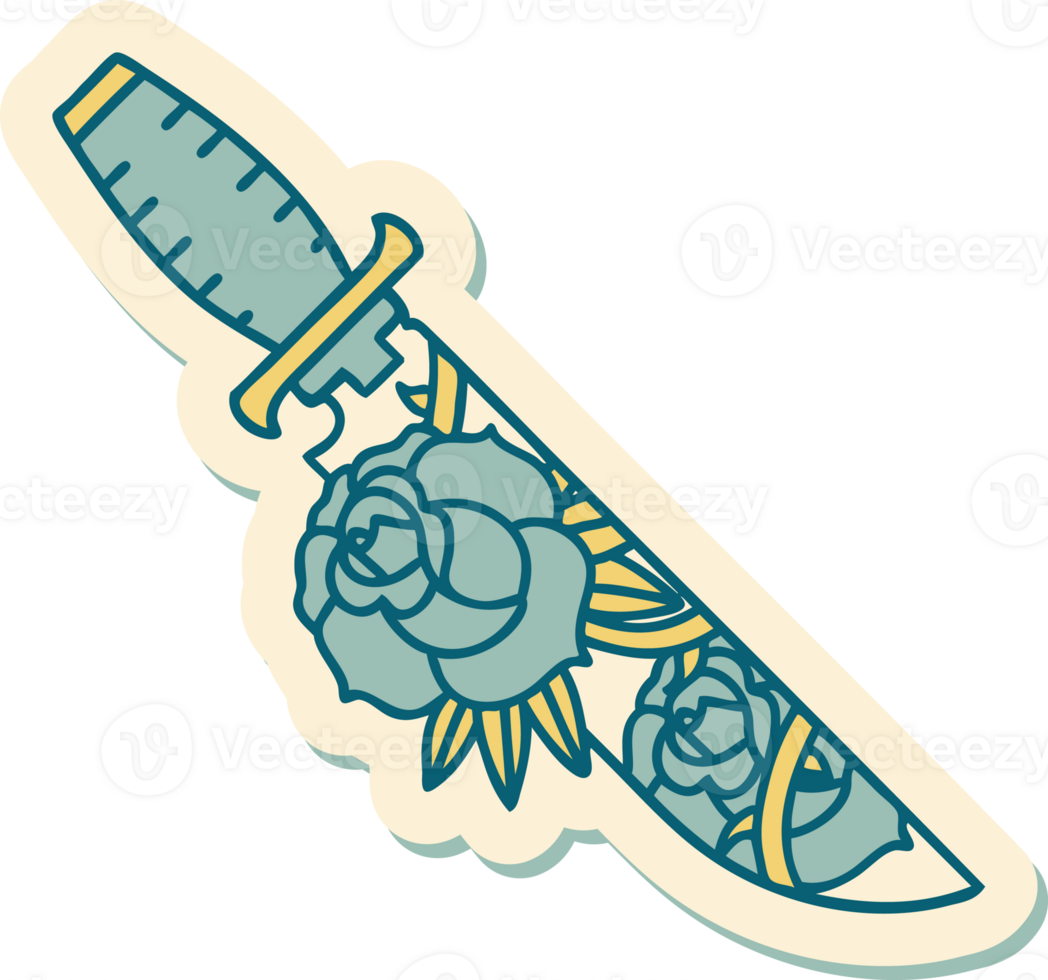 sticker of tattoo in traditional style of a dagger and flowers png