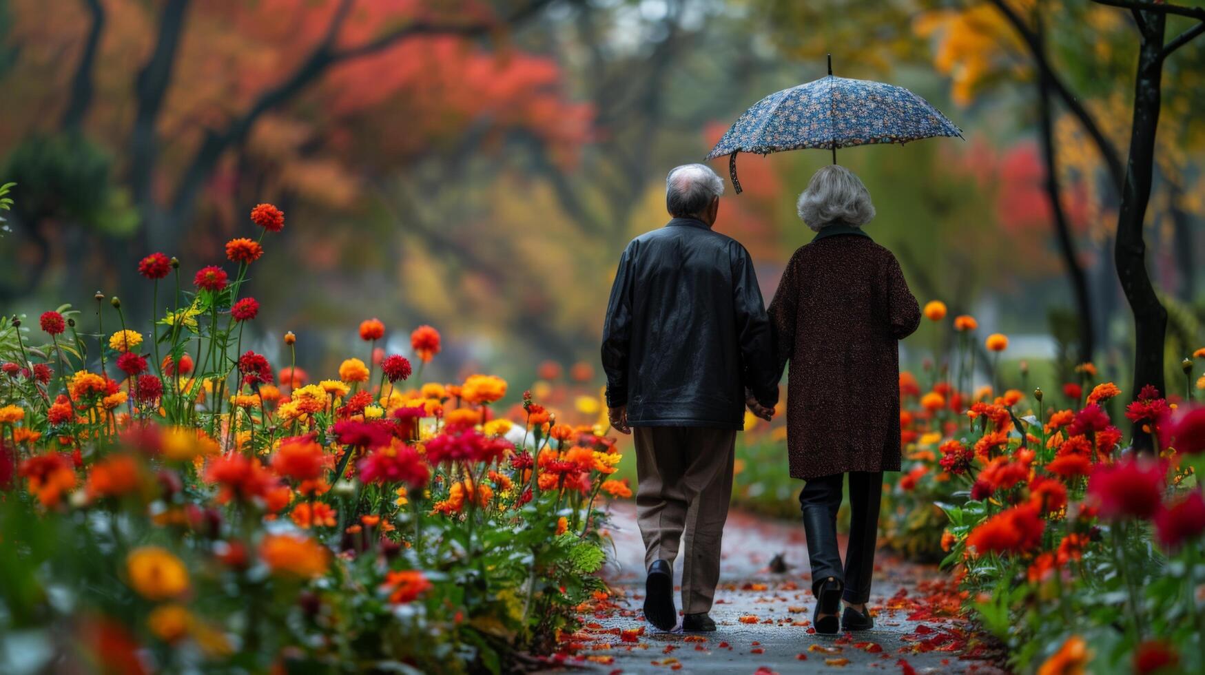 AI generated Man and Woman Walking Through Field of Flowers photo