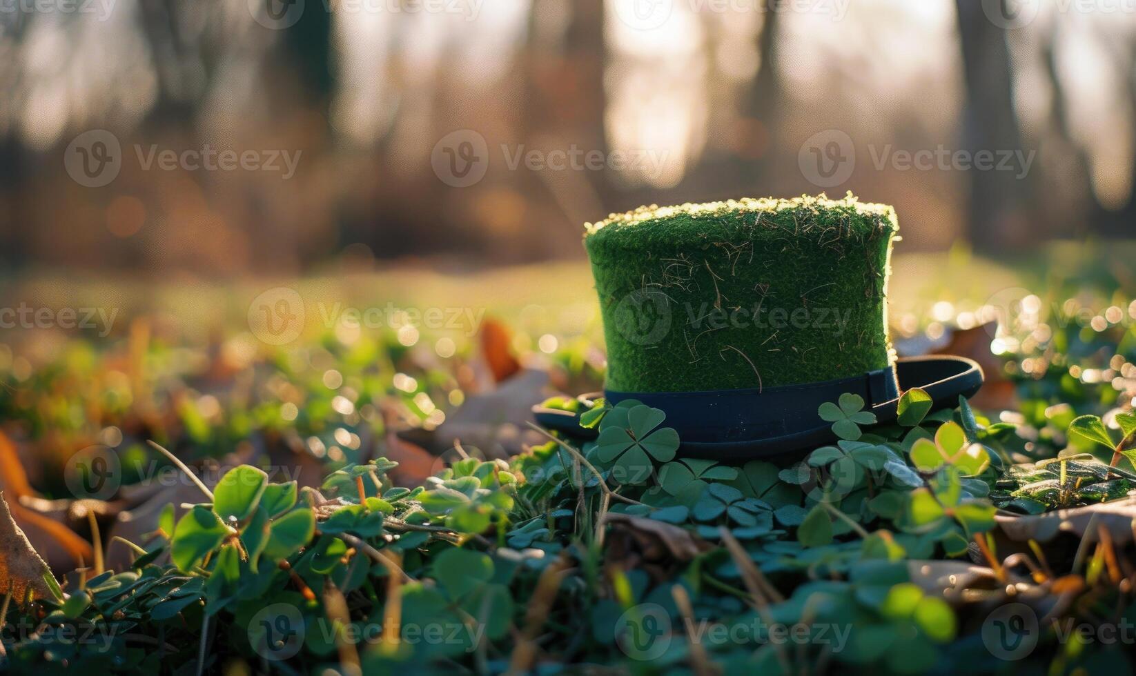 AI generated St. Patrick's Day background with green hat and clover on green grass photo