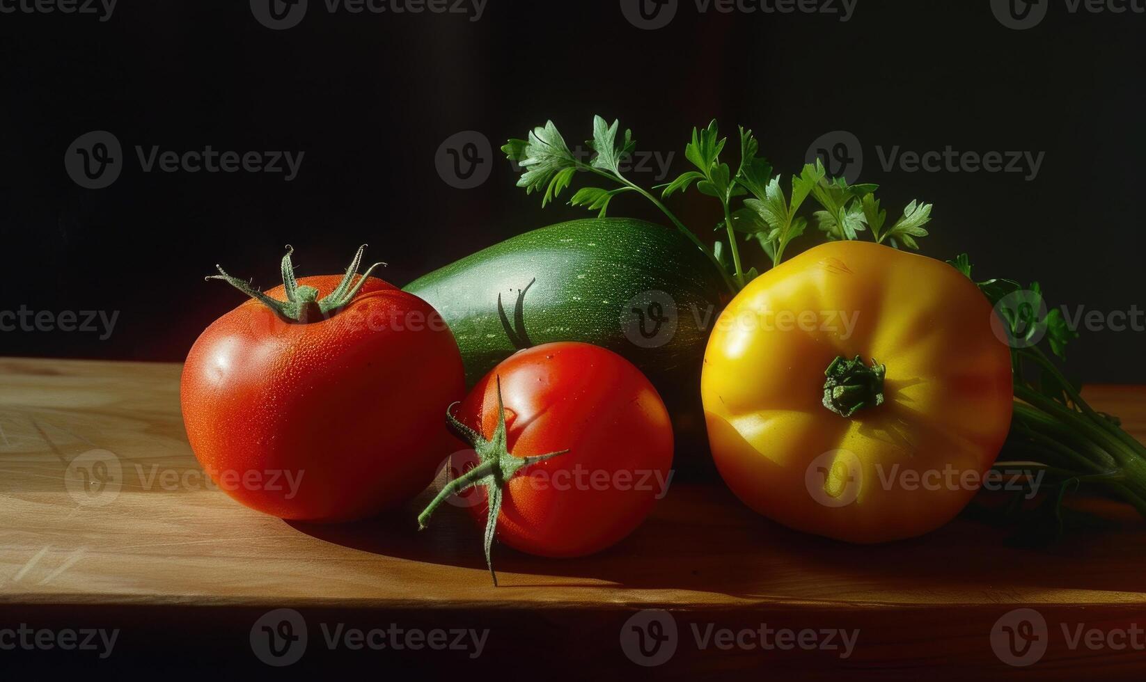 AI generated vegetables on a wooden board on a black background, close-up photo