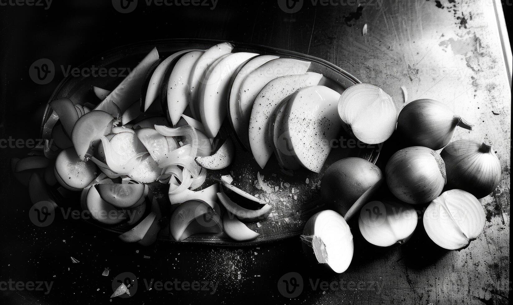 AI generated Sliced apples and onions on a cutting board in black and white photo