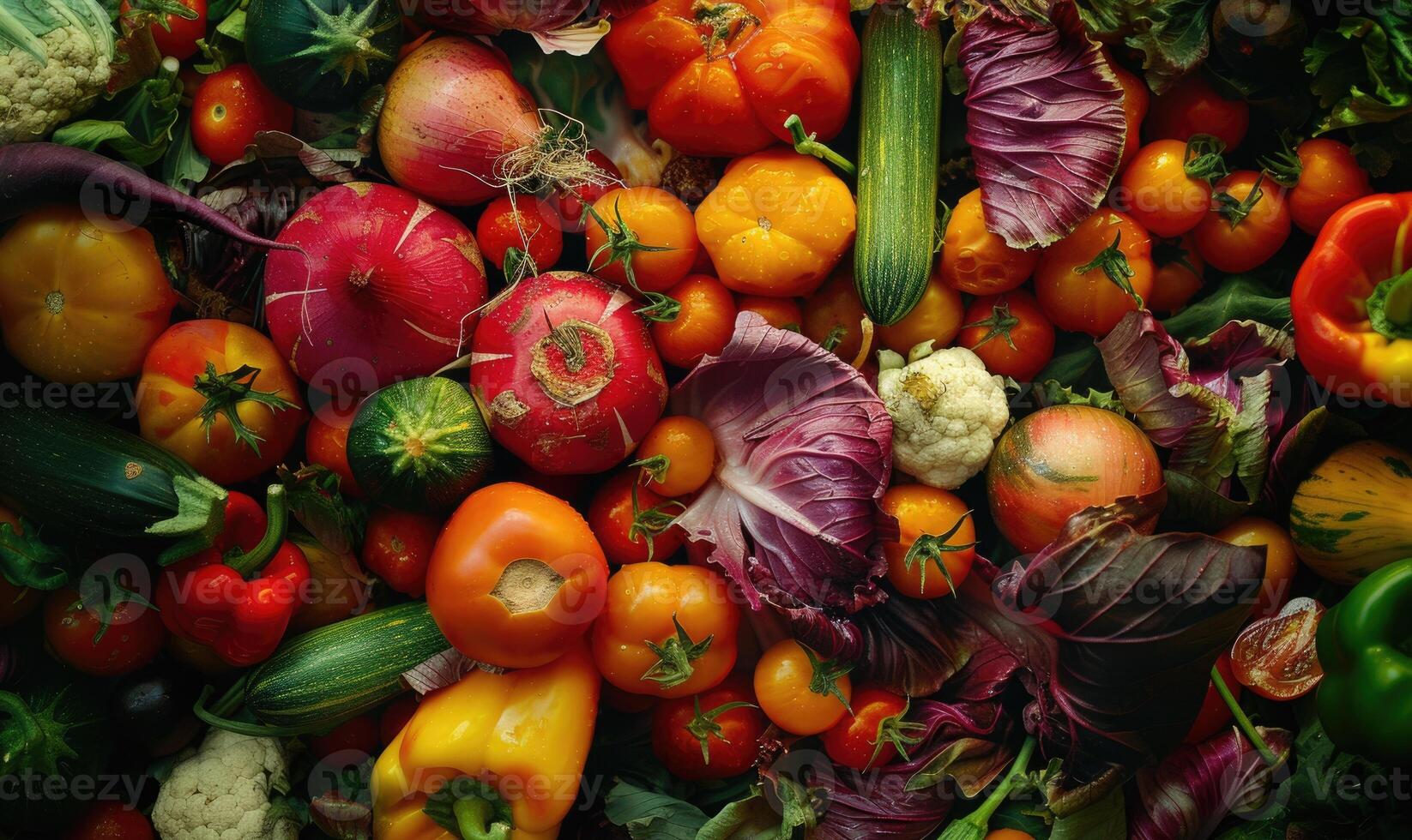AI generated Tomatoes background. Top view of different varieties of tomatoes. Vegetables background. photo