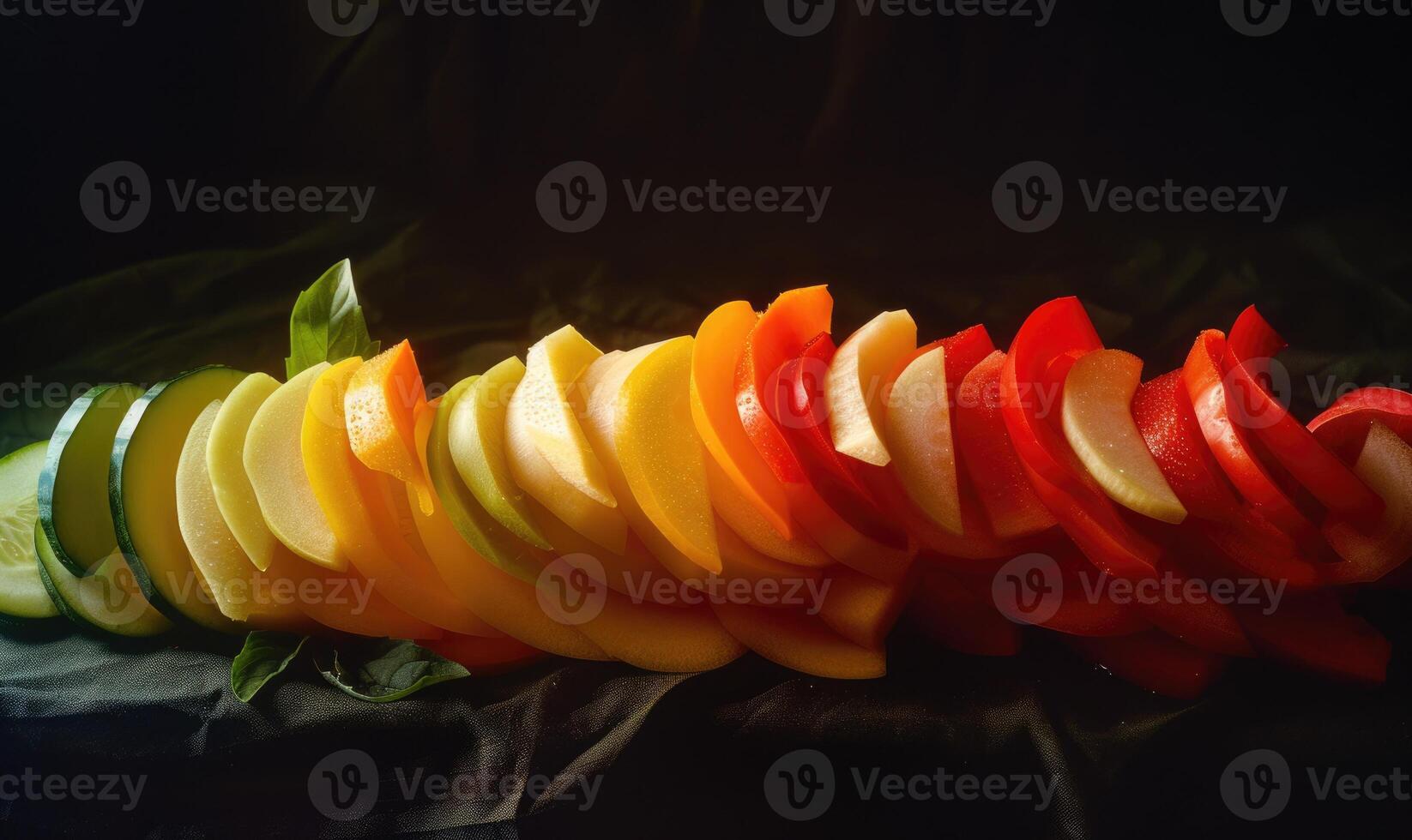 AI generated Sliced vegetables on a black background, close-up. photo
