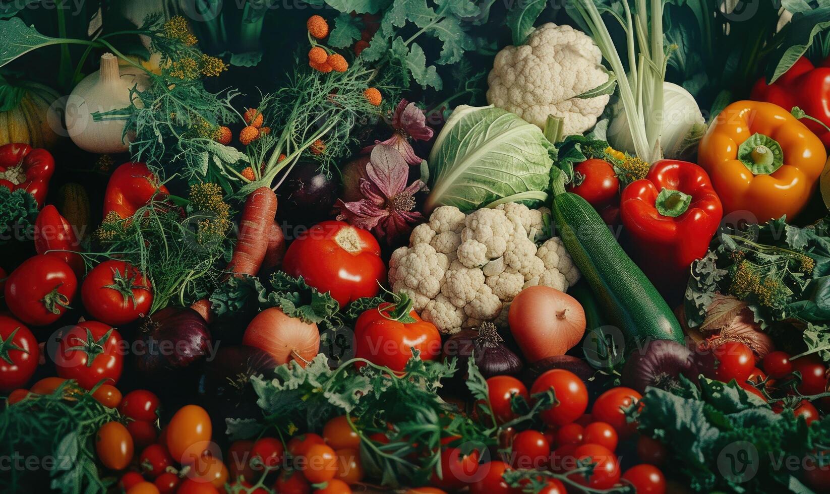 AI generated Variety of fresh vegetables background. Top view, flat lay. photo