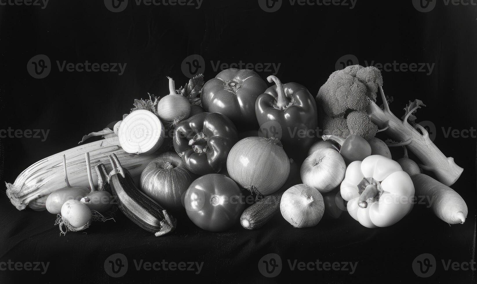 AI generated still life vegetables on a black background, black and white photo. photo