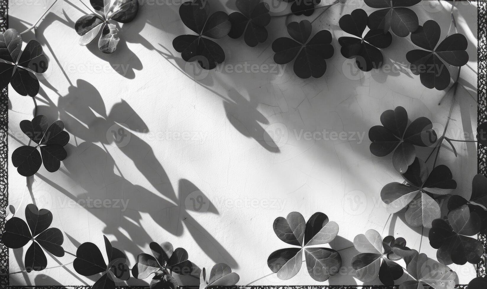 AI generated Black and white photo of clover leaves on a white wall.