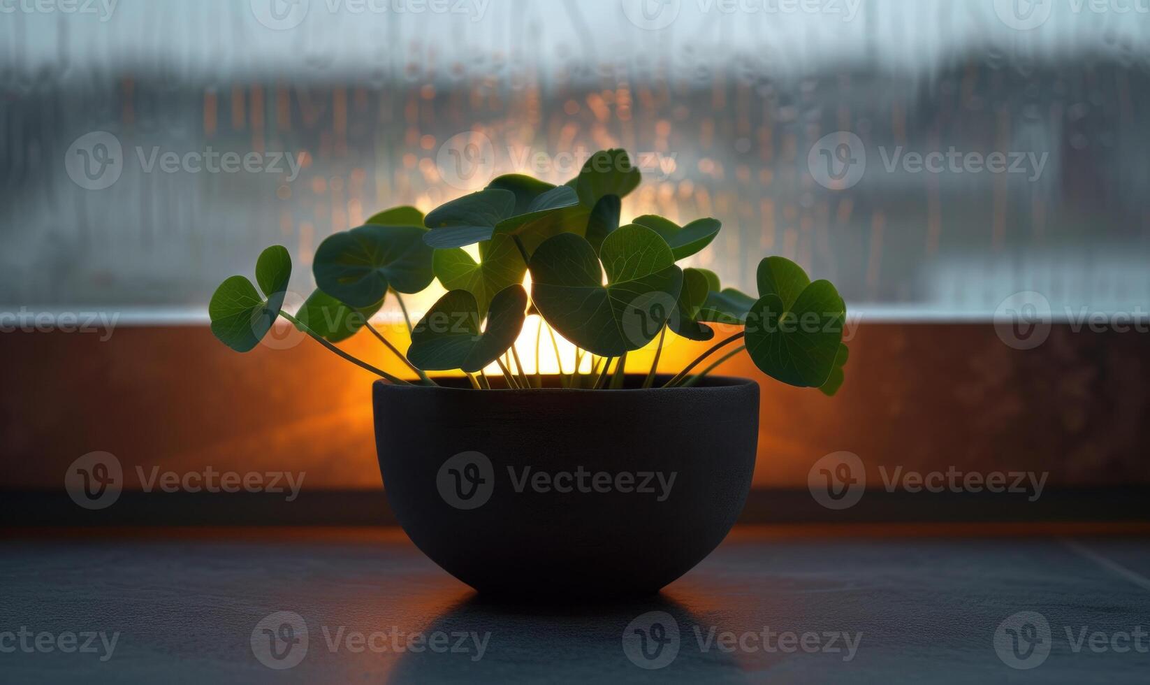 AI generated Green plant in a pot on the background of the window at night photo
