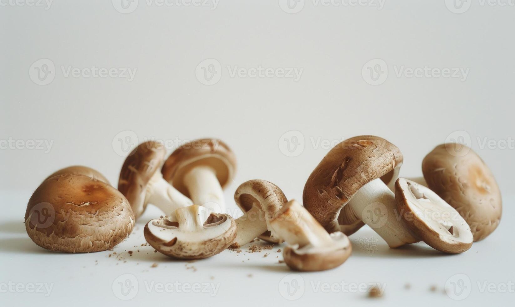 AI generated Fresh champignon mushrooms on white background. Shallow depth of field. photo