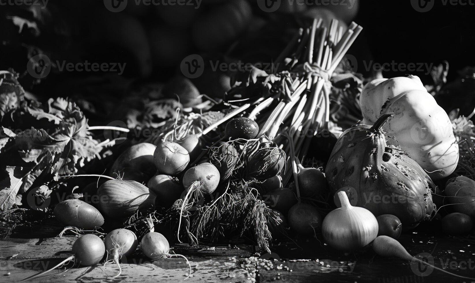 AI generated Harvesting vegetables. Black and white photo. Top view. photo