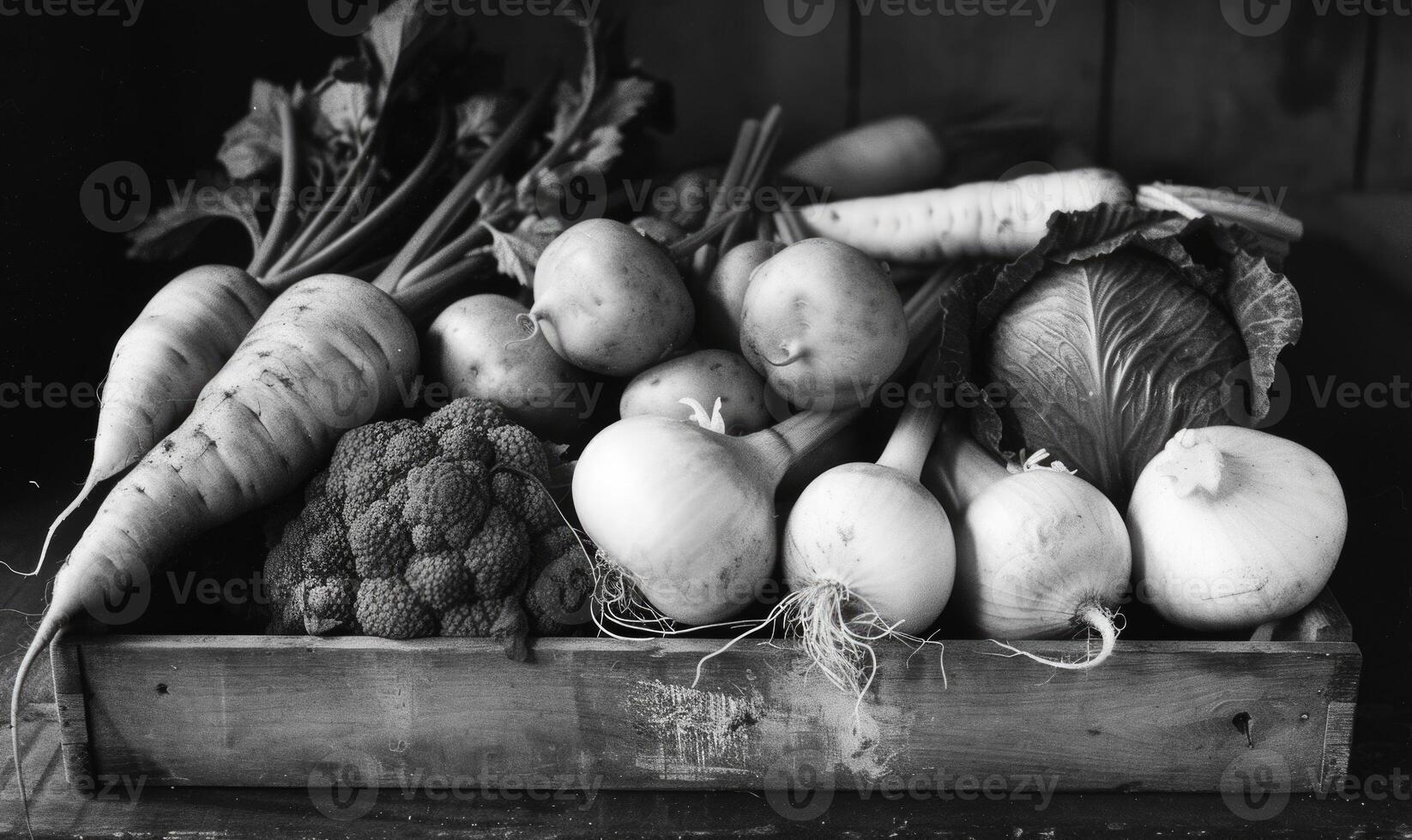 AI generated Harvesting vegetables. Black and white photo. Top view. photo