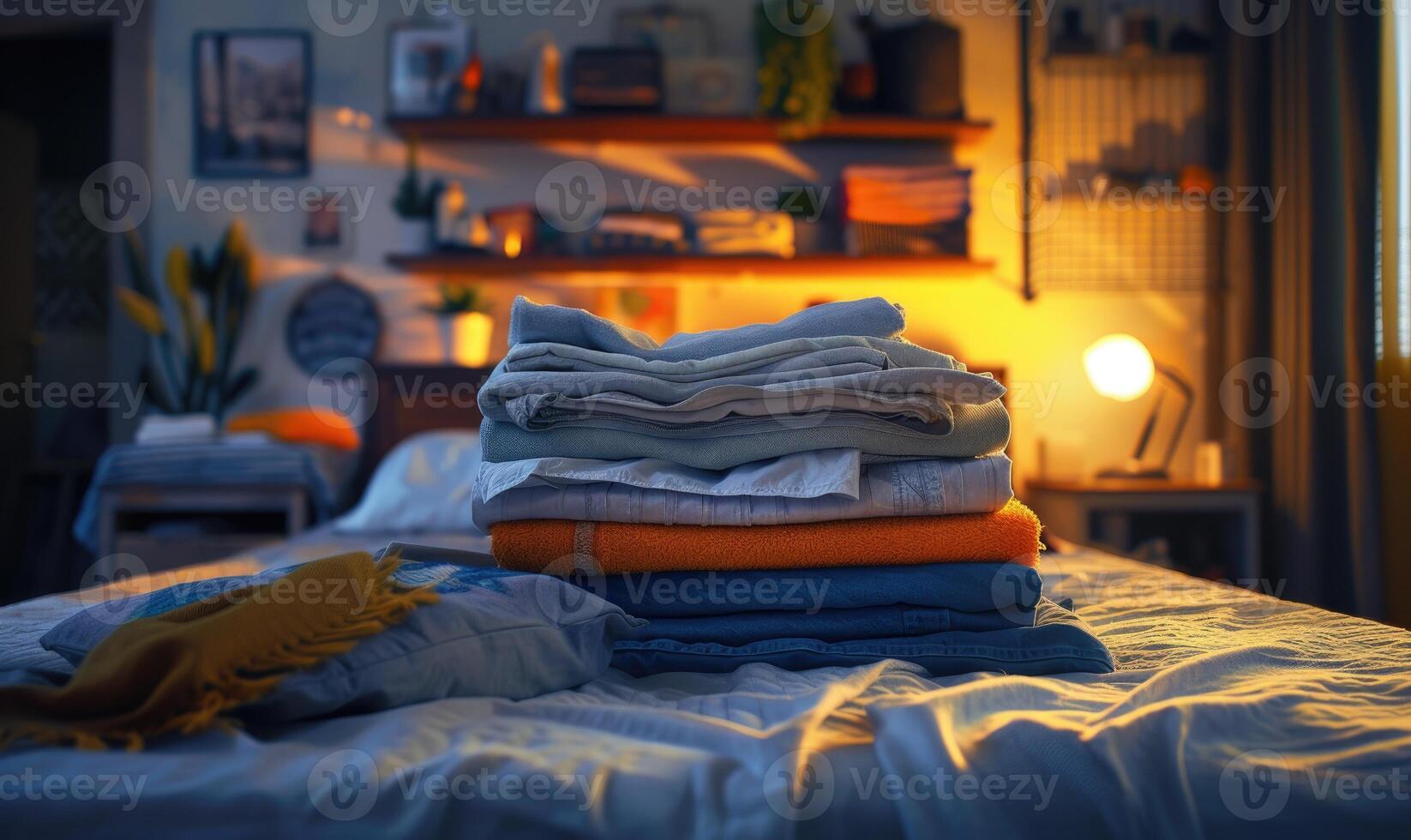 AI generated Pile of clean clothes on bed in bedroom at night, soft focus photo