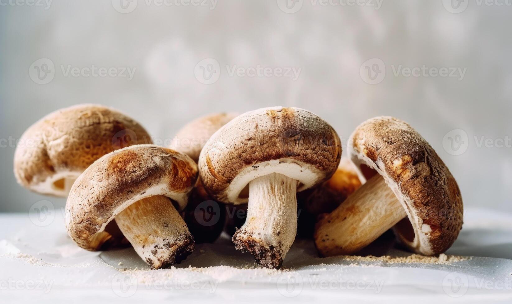 AI generated Fresh champignon mushrooms on a white background. Selective focus. photo