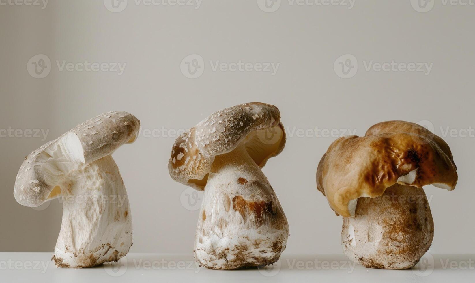 AI generated Three porcini mushrooms with drops of water on a white background photo