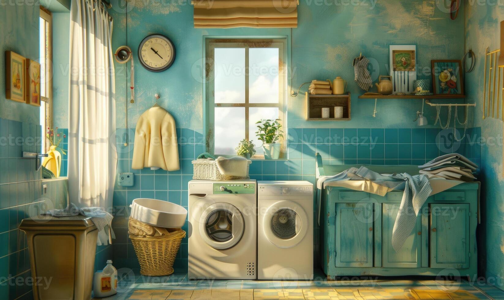 AI generated Laundry room interior with washing machine and clothes. photo