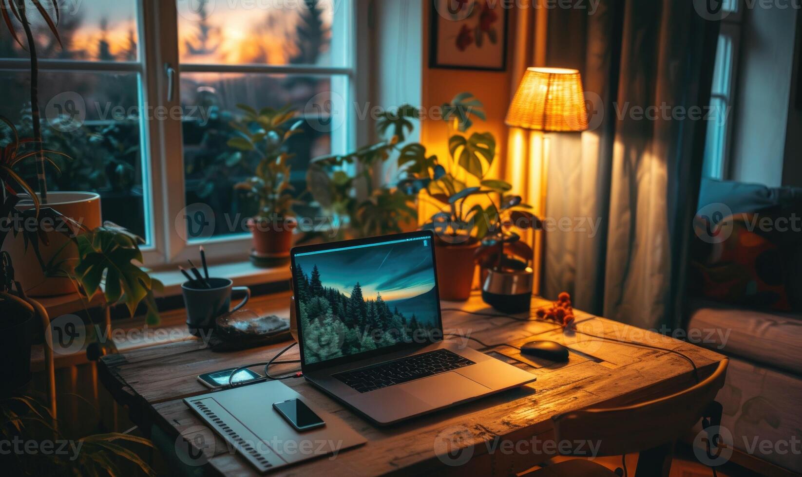 AI generated Working at home with a laptop and a smartphone on a wooden table photo