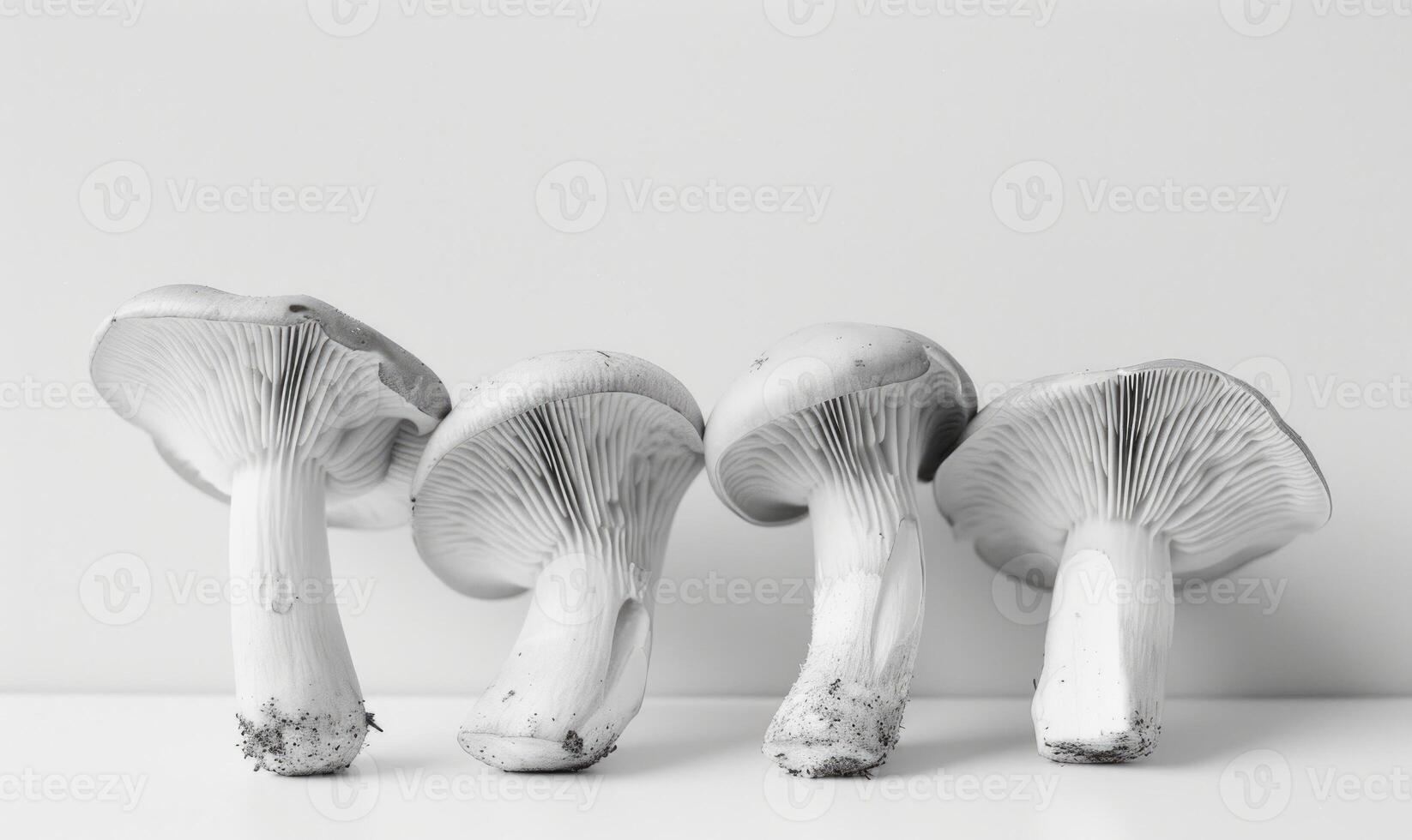 AI generated Group of mushrooms on a white background. Close-up. Monochrome. photo