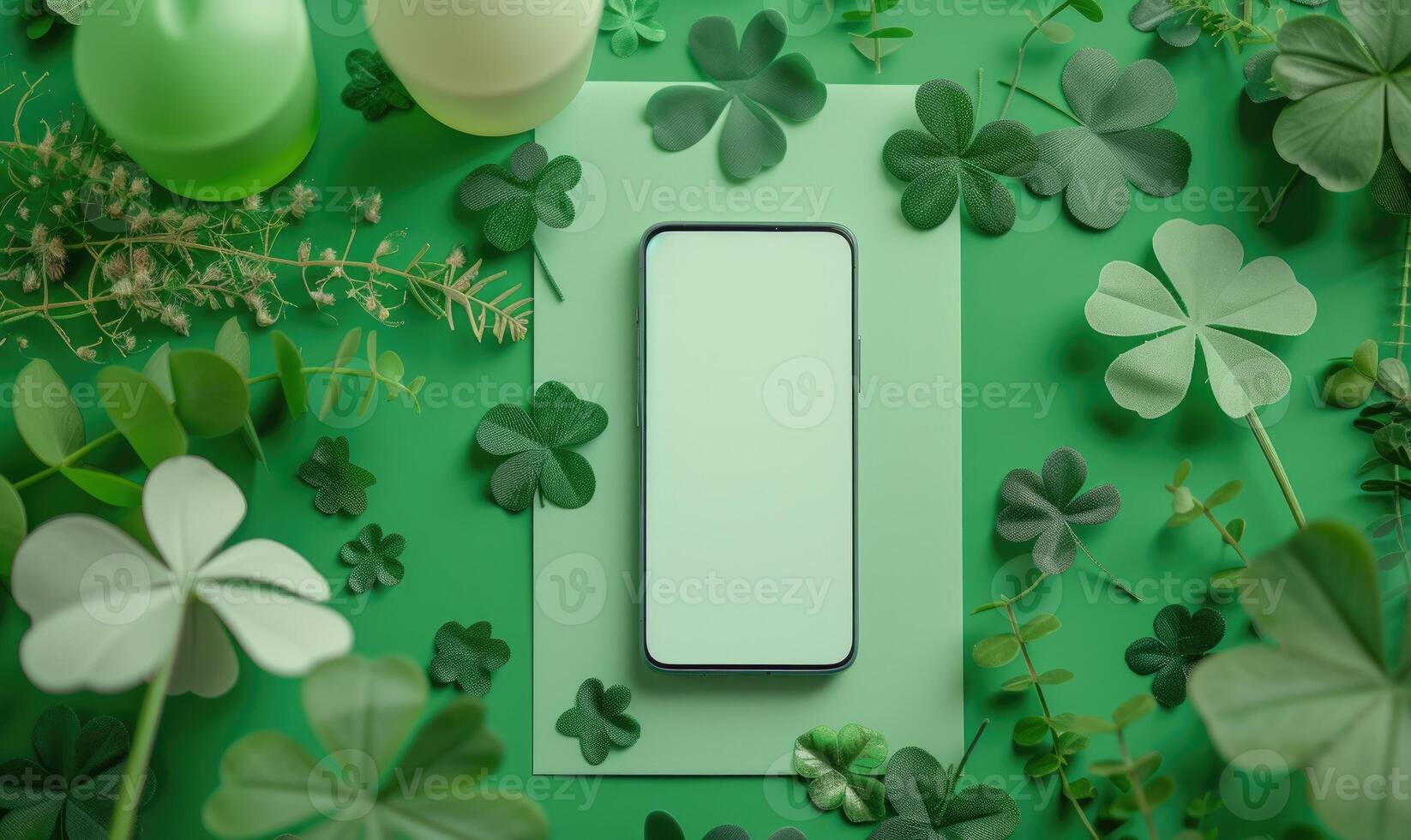 AI generated Smartphone mockup with green clover leaves on a green background photo
