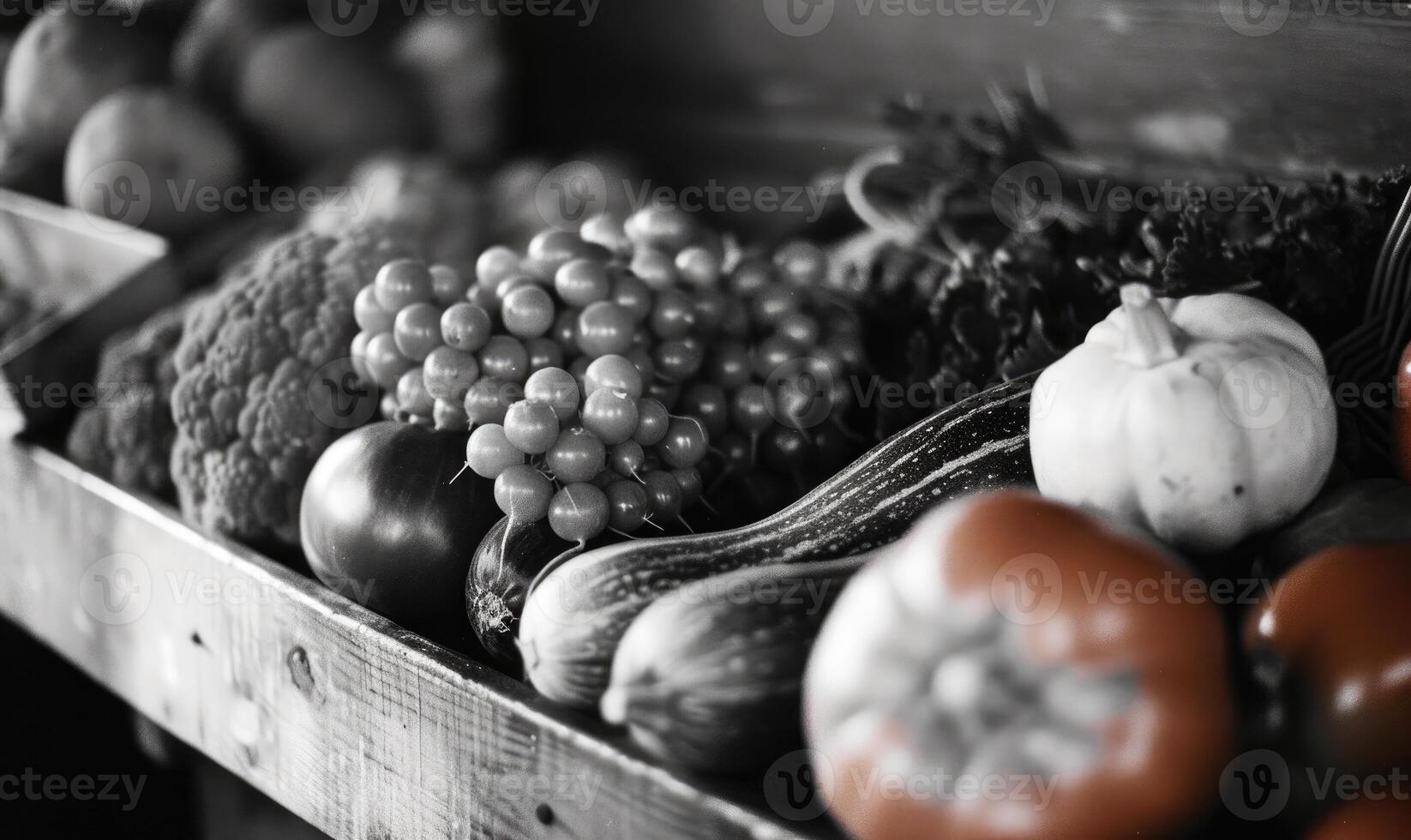 AI generated Fruits and vegetables in a wooden box. Black and white photo. photo