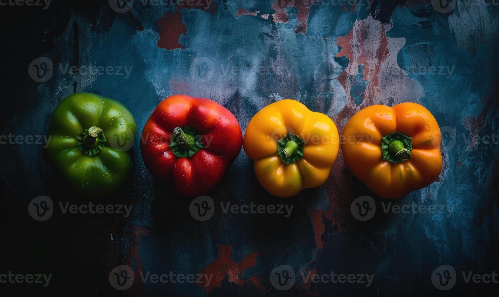AI generated Colorful bell peppers on dark background, top view, copy space photo