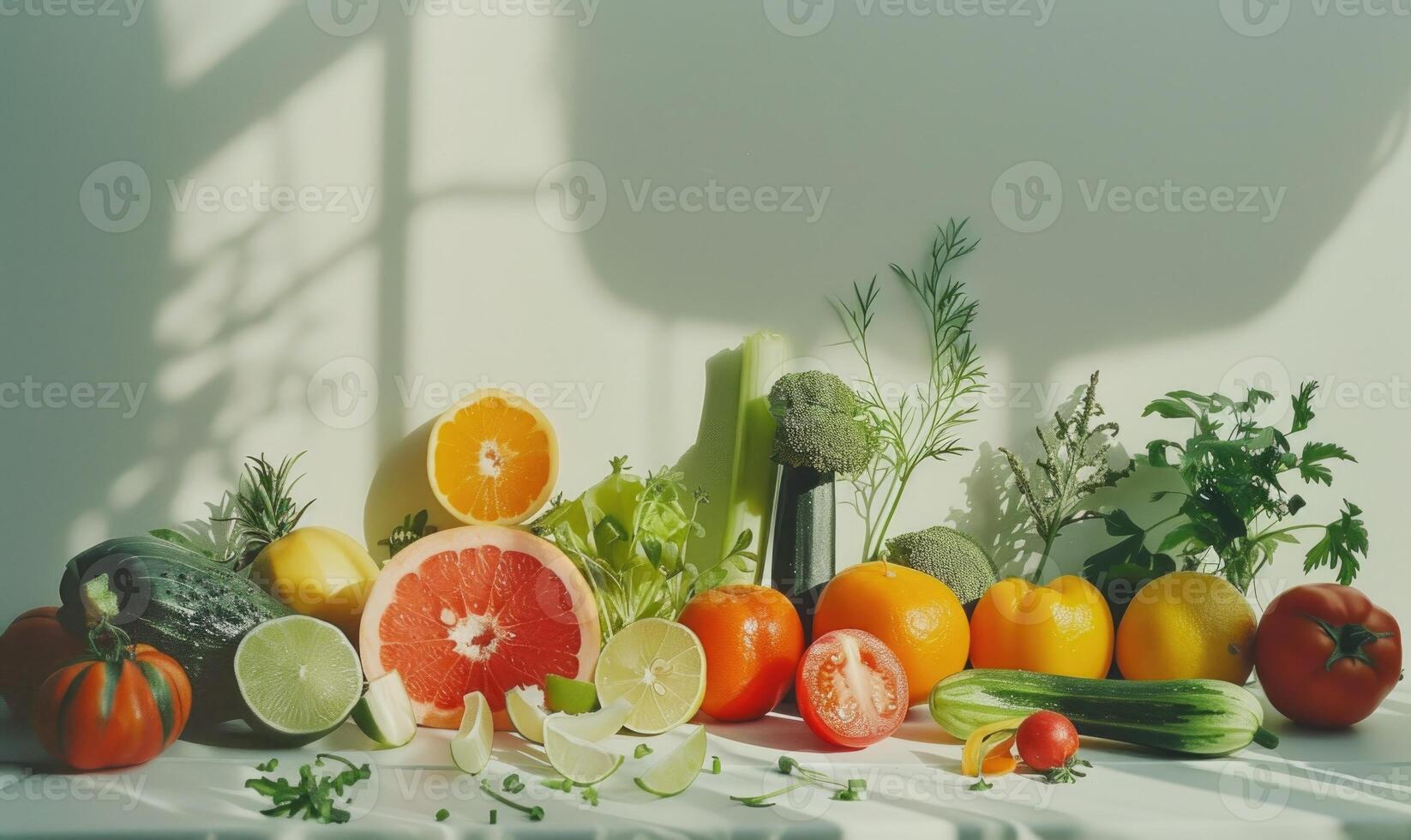 ai generado composición con variedad de Fresco orgánico vegetales y frutas en blanco mesa foto