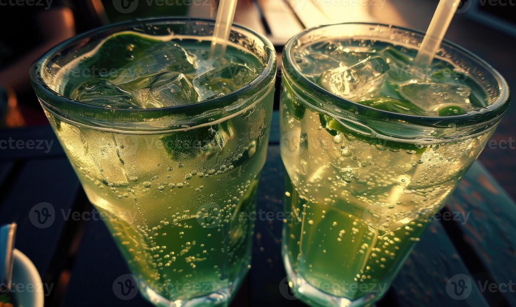 AI generated Refreshing green lemonade with ice in a glass on a wooden table photo