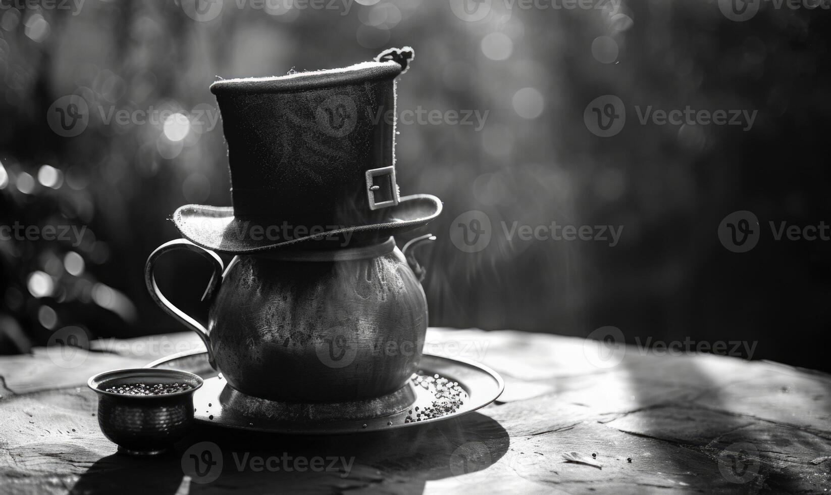 AI generated Leprechaun hat and pot of gold closeup. Monochrome photo