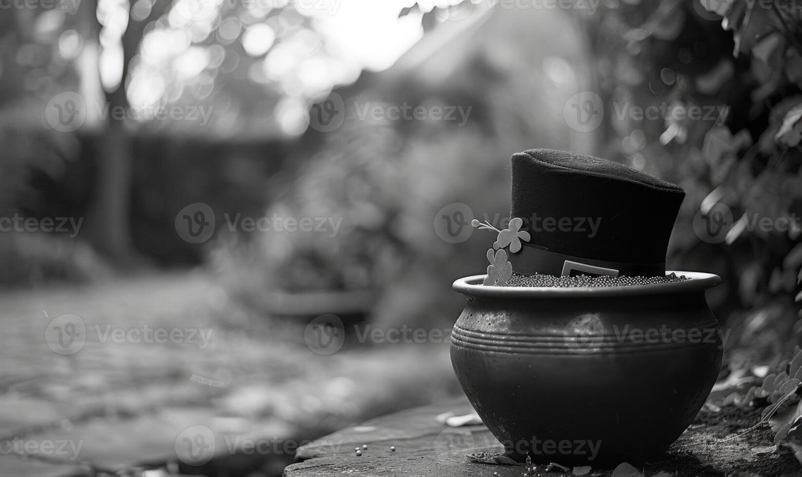 AI generated Leprechaun hat and pot of gold closeup. Monochrome photo