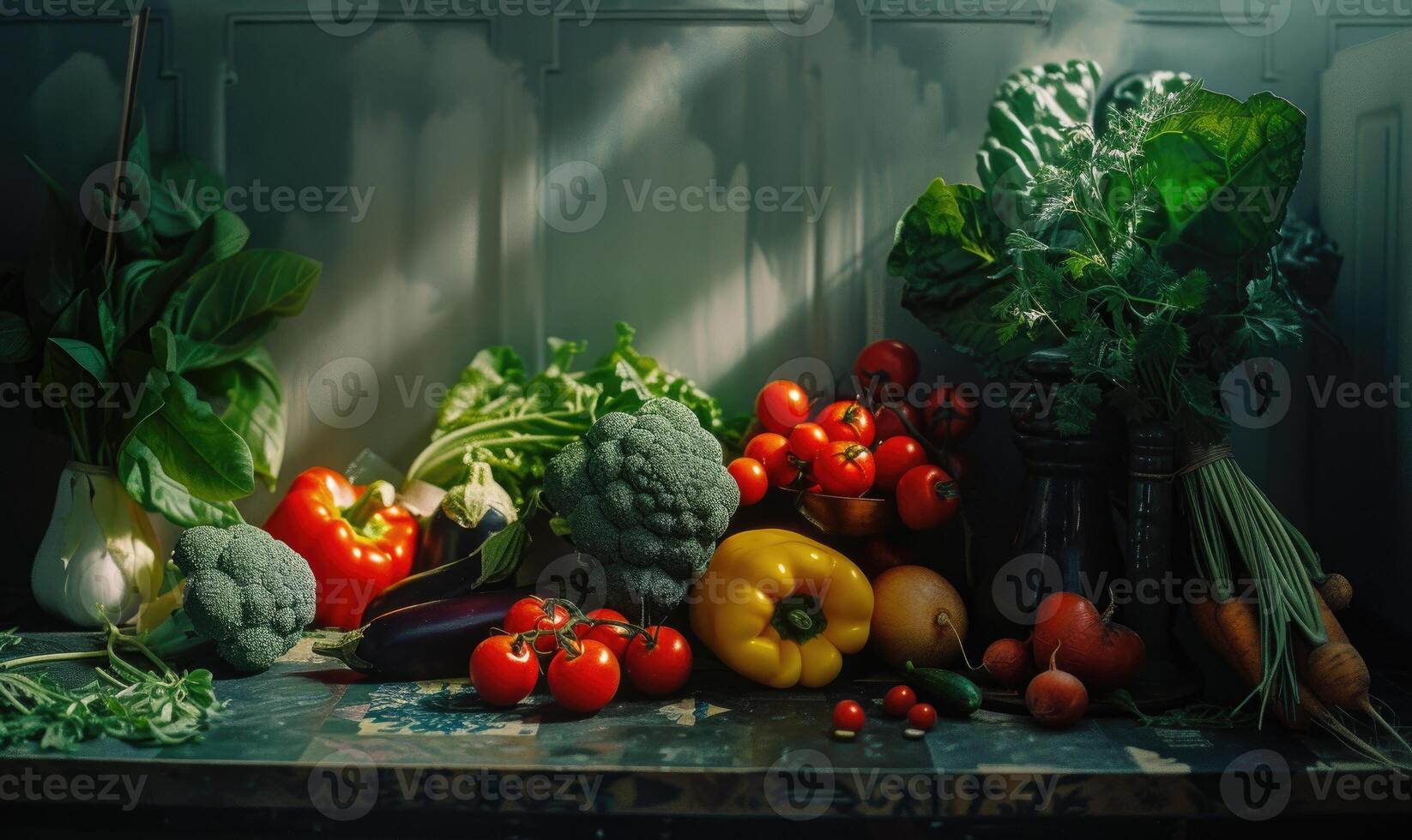 ai generado todavía vida verduras, hierbas y Fruta como ingredientes en cocinando. foto