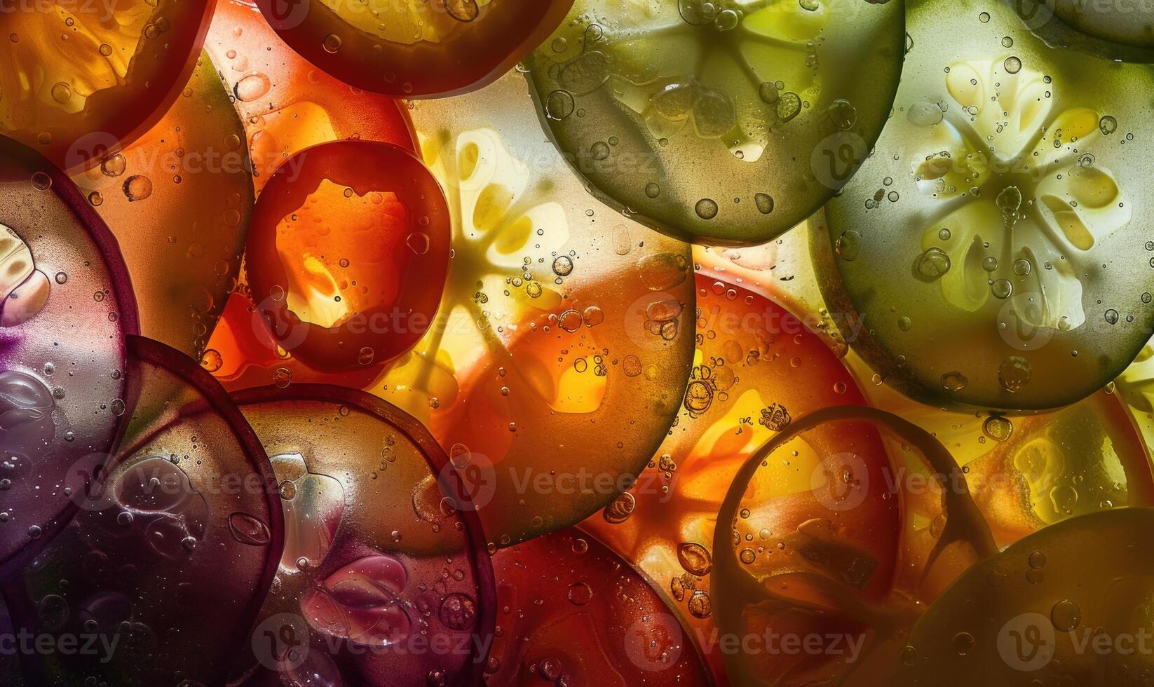 AI generated Colorful slices of fresh tomatoes and cucumbers with water drops close up photo