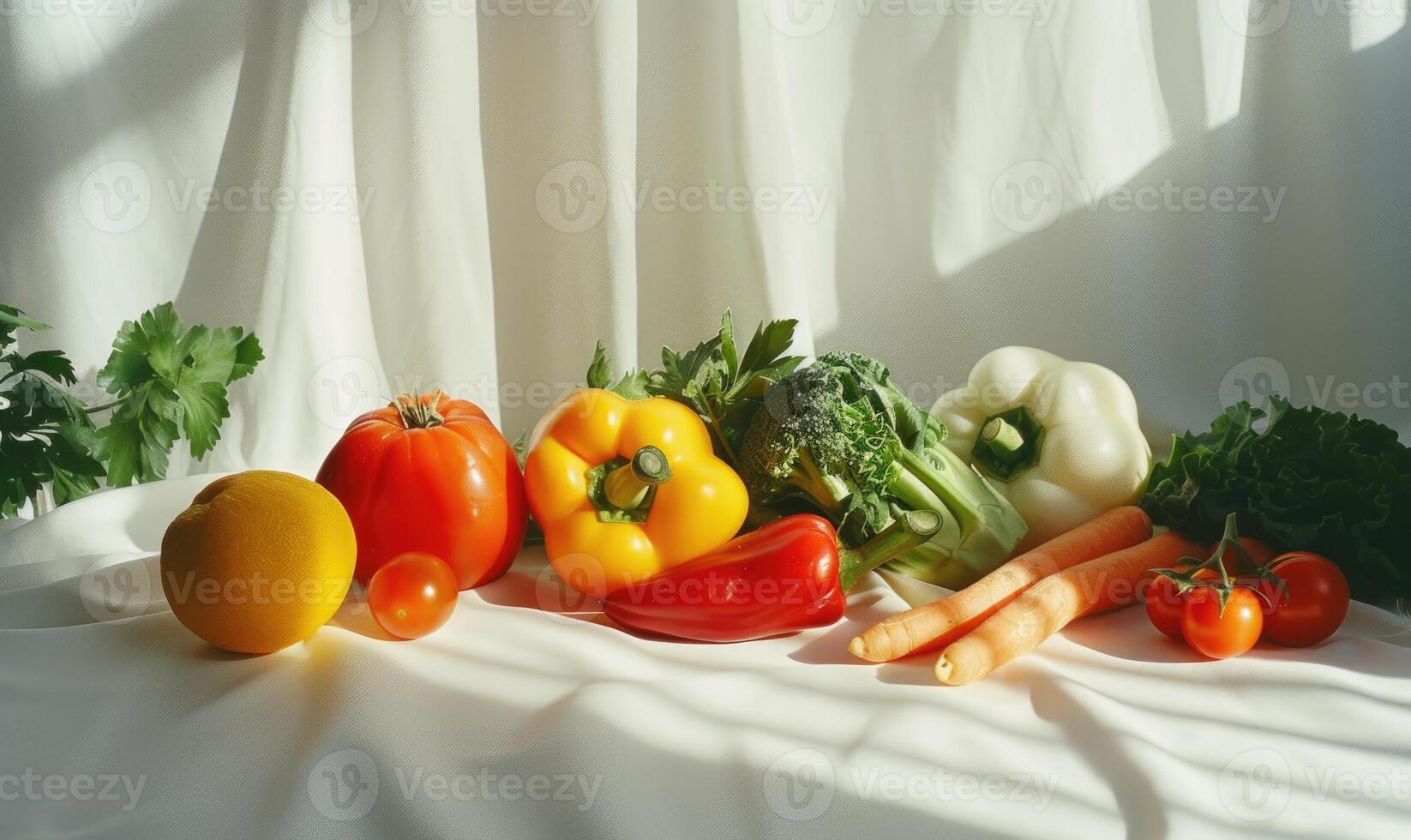 AI generated Fresh vegetables on white fabric. Healthy food concept. Selective focus. photo