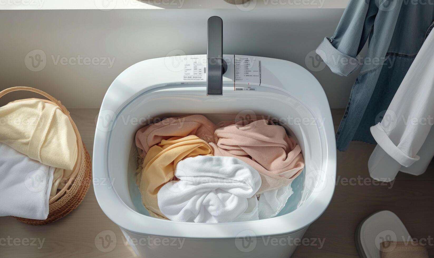 AI generated Clothes in a top-loading washing machine closeup, top view photo