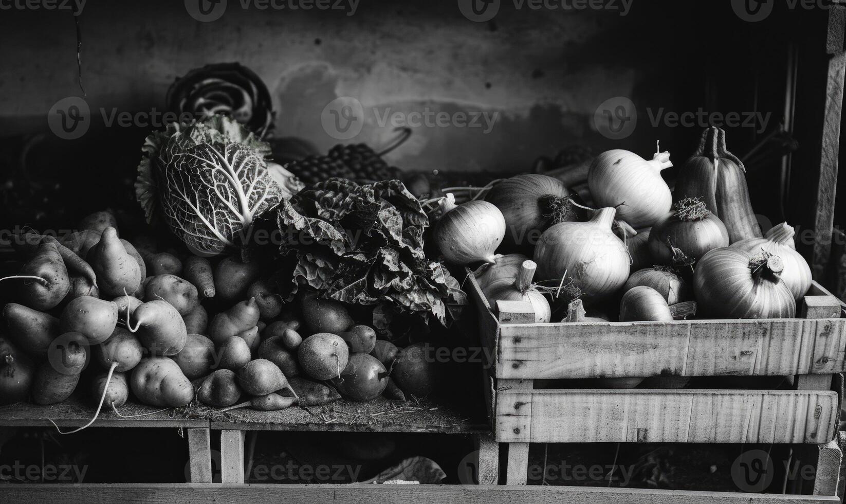 AI generated Fruits and vegetables on the counter in the store. Black and white photo. photo