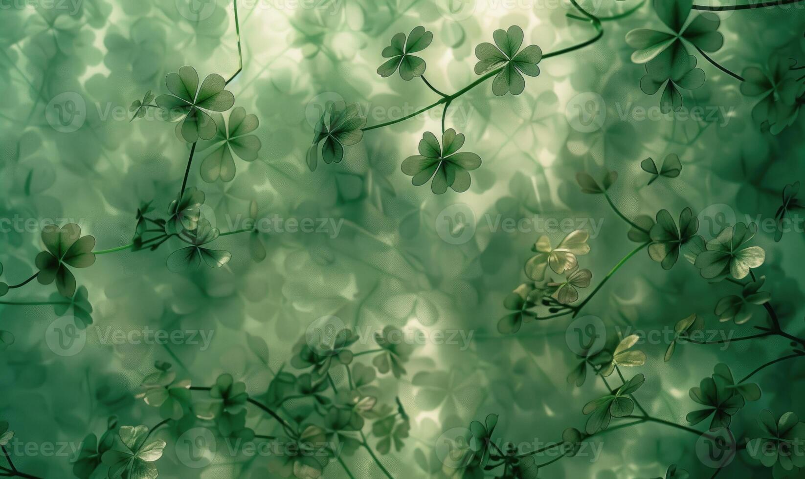 AI generated St. Patrick's Day background with clover leaves and bokeh effect photo